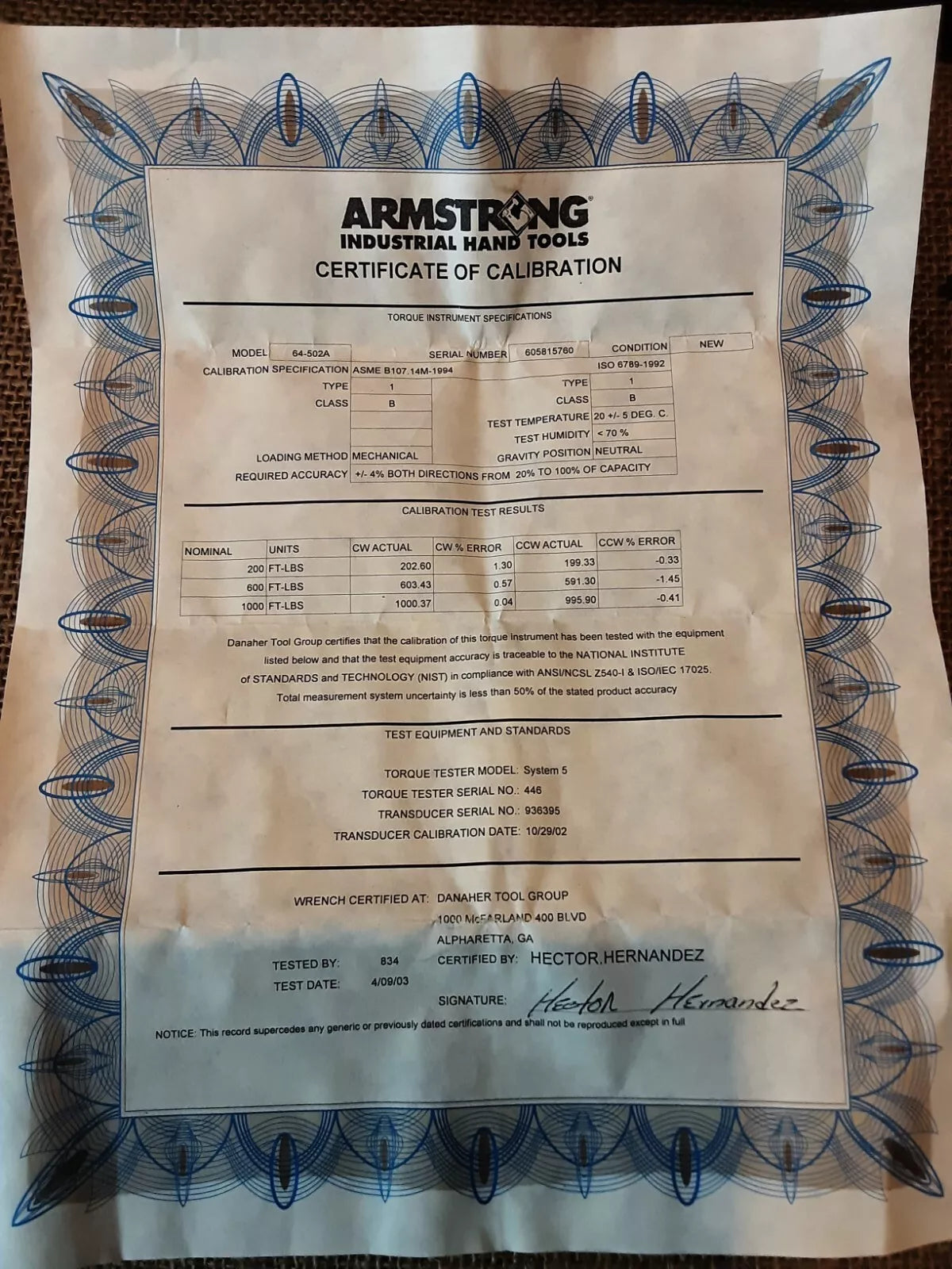 Armstrong Torque Wrench 64-502A 1" Drive 1000ft lbs
